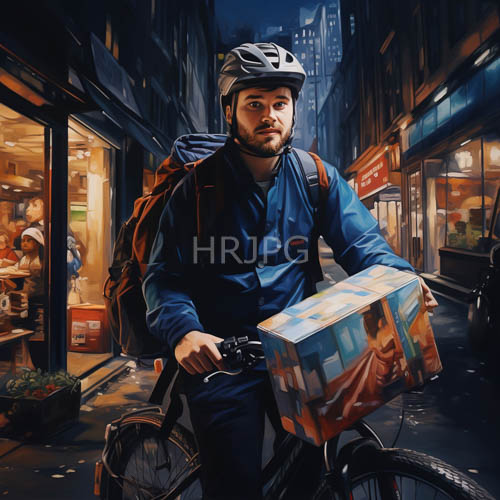 bicycle delivery rider pedals past cozy cafe windows
