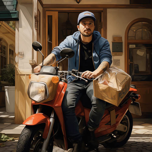 red scooter rider secures package in sunlit alley