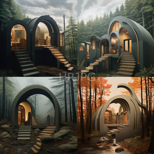 curved roof cabins nestled within dense evergreen forest
