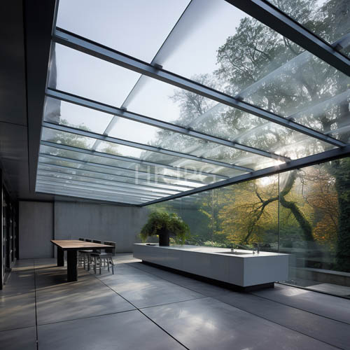 minimalist dining room features angular concrete ceiling beams