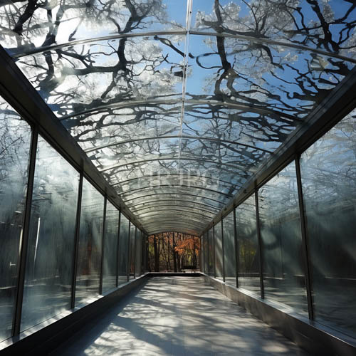 modern glass corridor reflects bare tree branch canopies
