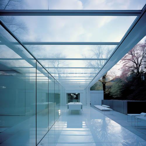 minimalist interior floods with natural sunlight through glass