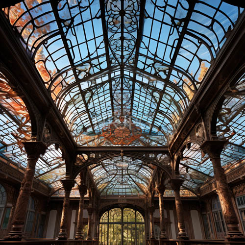 threaded together ironwork supports elaborate glass domed conservatory design