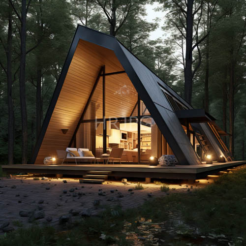 High Resolution: Dusk Settles Over Triangular Roofed Wooden Forest Cabin download. | HRJPG.com