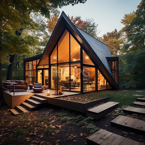 seasonal foliage surrounds triangular modern cabin with decks