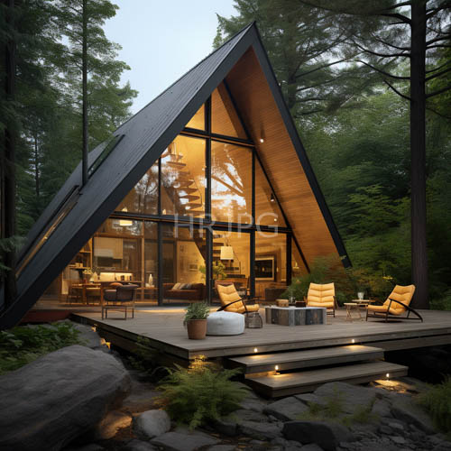 black metal frames outline triangular retreat at twilight