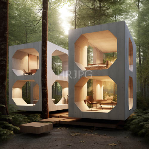 hexagonal windows pierce wooden facades of modern cabins