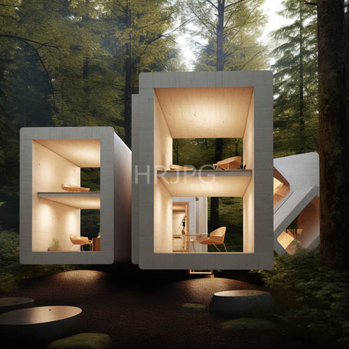 rectangular wooden structures feature illuminated multi level interiors