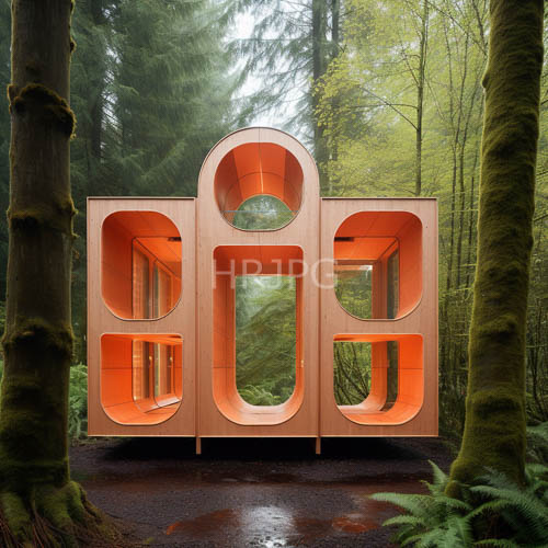 orange geometric sculpture frames natural forest landscape scenes