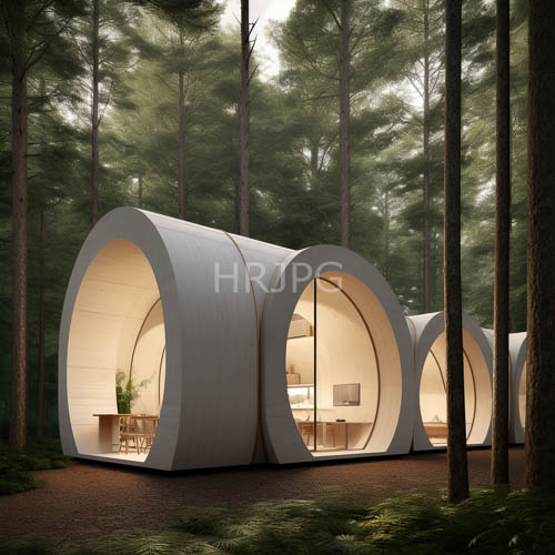 curved white pod cabins enhance natural forest surroundings