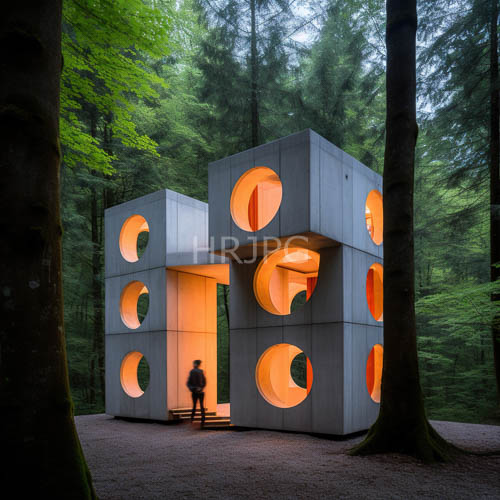 circular cutouts illuminate geometric metal forest sculpture entrance