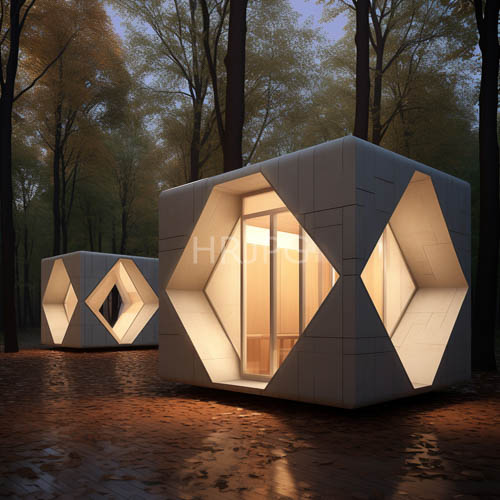 futuristic white cabins feature geometric diamond window patterns