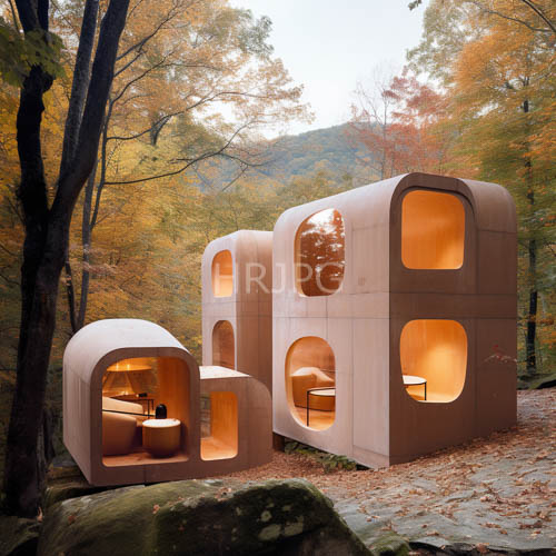 rounded timber structures rest upon moss draped terrain