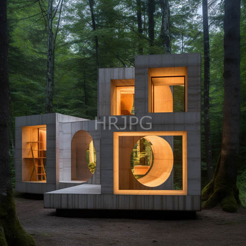 minimalist wooden dwellings emerge from twilight forest shadows