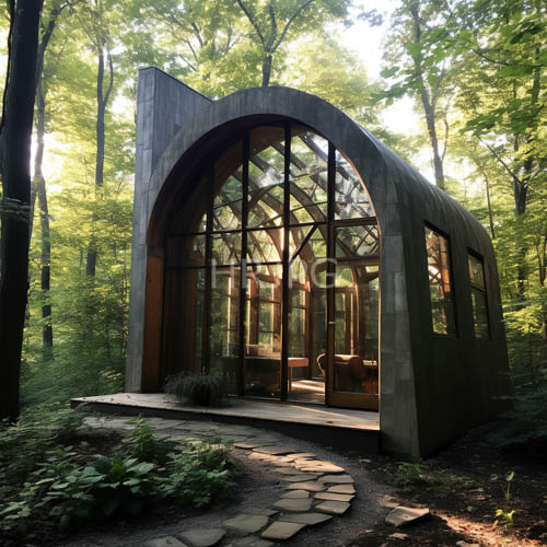 High Resolution: Arched Wooden Retreat Captures Shifting Forest Sunlight Views download. | HRJPG.com
