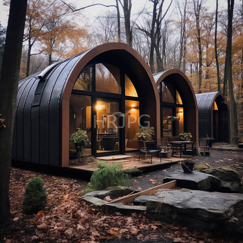 modern forest shelters feature curved rooftops and cladding