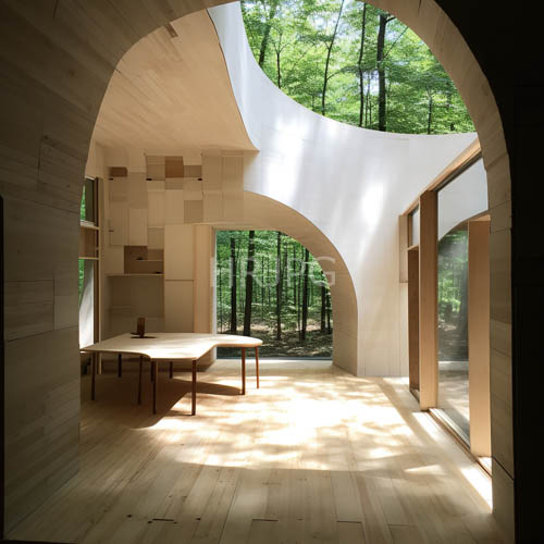 neutral interior overlooks dense vibrant forest landscape views