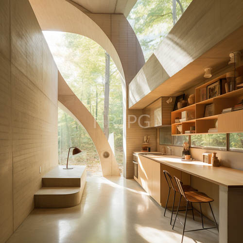 natural light pours into minimalist kitchen through arches