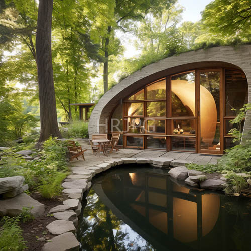 organic curved cabins reflect light across clear ponds