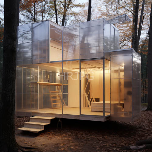 transparent glass panels combine with metallic autumn cabins