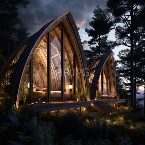 High Resolution: Wooden A-Frame Cabins Sit Elevated In Forest Canopies download. | HRJPG.com