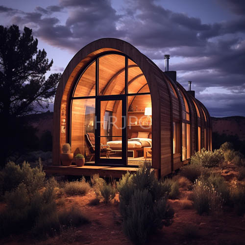 desert dome tiny house glows in sunset light