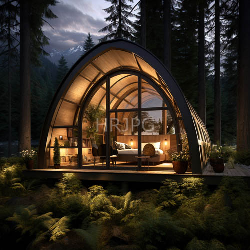 illuminated arched wooden yurts sit among misty mountains