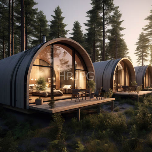 curved wooden cabins occupy clearings in pine forests