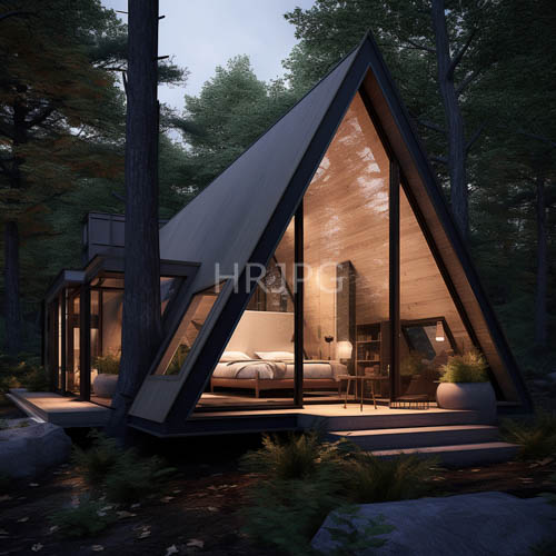 angular modern shelters stand amidst dense woodland areas