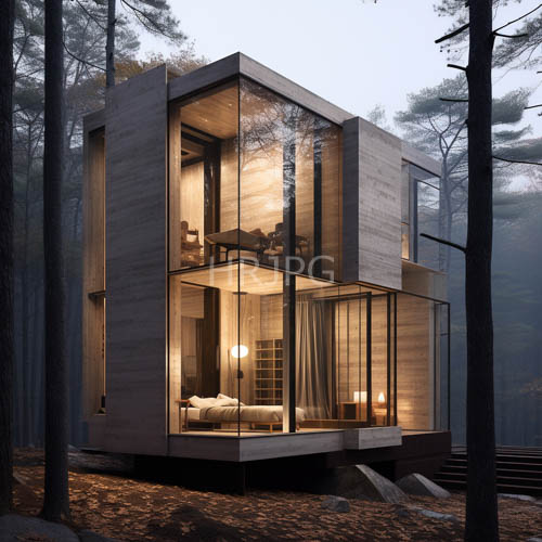 rectangular wooden residences rise through foggy forest canopies