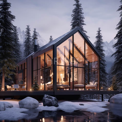 snowy forests feature modern glass walled cabin retreats