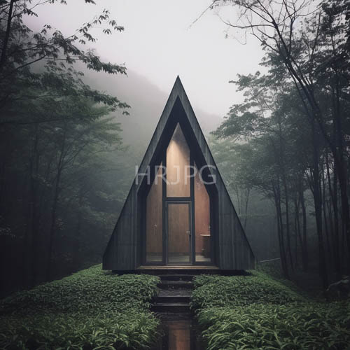 foggy forest paths lead to triangular wooden dwellings
