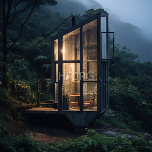 modern glass cabins glowing within tropical forest twilights
