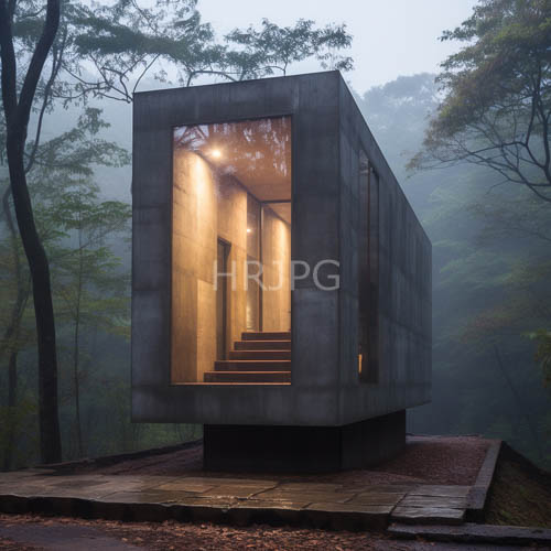 minimalist concrete dwellings sit quietly in misty woodlands