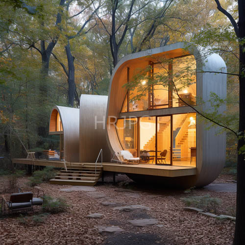 High Resolution: Cylindrical timber cabins elevated on stilts glow brightly download. | HRJPG.com