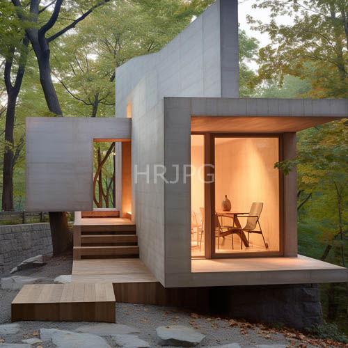 minimalist concrete houses sit comfortably in autumn woodlands