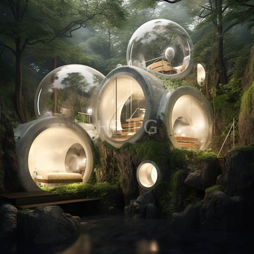 futuristic spherical pods house cozy interiors near streams