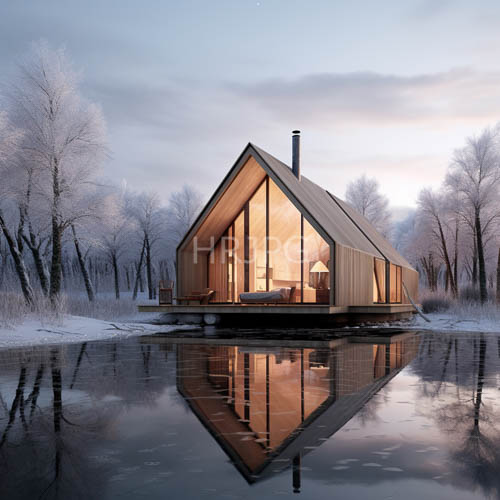 triangular wooden retreats reflect on still water tonight