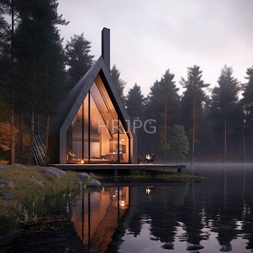 triangular wooden cabins glow warmly on lake water