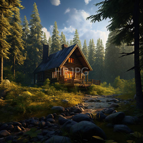 High Resolution: Isolated log dwellings sit deep within sunlit forests download. | HRJPG.com