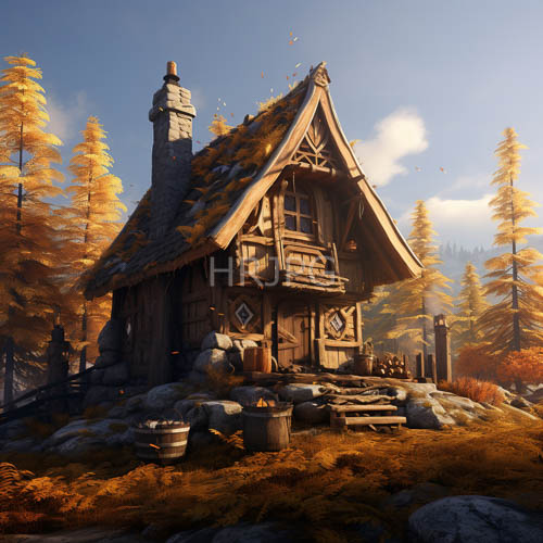 rustic wooden cottages feature steep roofs and chimneys