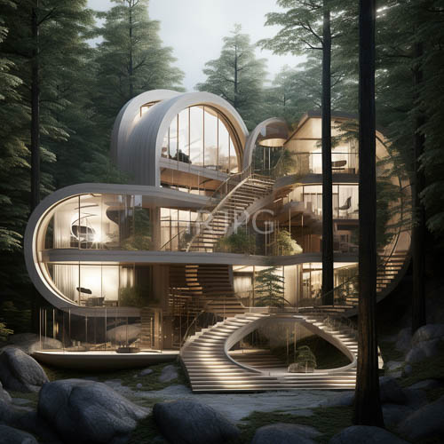 organic futuristic residences blend into dense forest clearings