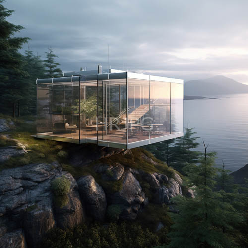 modern glass cube houses overlook serene lake waters