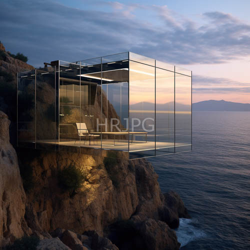 modern glass box structures overlook oceans at sunset