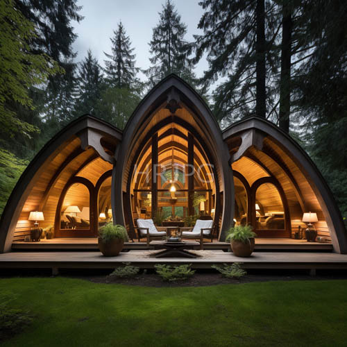High Resolution: Triangular wooden dwellings feature three arched living spaces download. | HRJPG.com