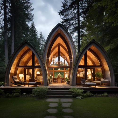 modern wooden triangular retreats glow warmly at dusk