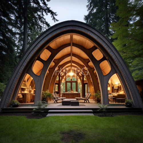 rounded timber structures rest upon moss draped terrain