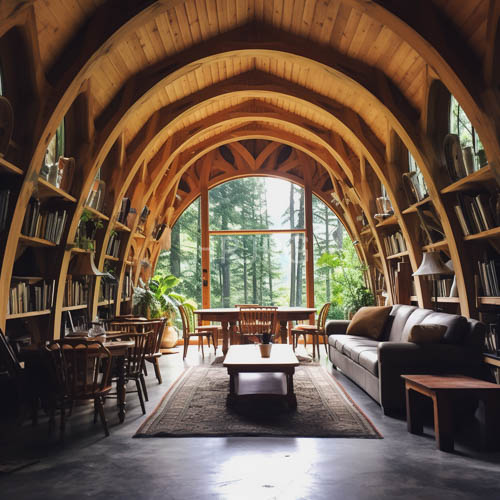 arched wooden beams define this expansive living area