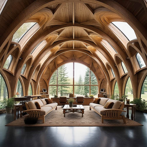 soaring arched ceilings tower over wooden living areas