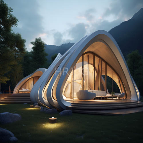 futuristic white pods glow within evening forest clearings